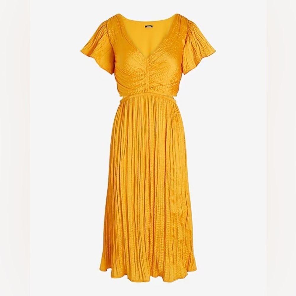 Satin V-Neck Flutter Sleeve Pleated Cutout Midi Dress - Picture 5 of 5
